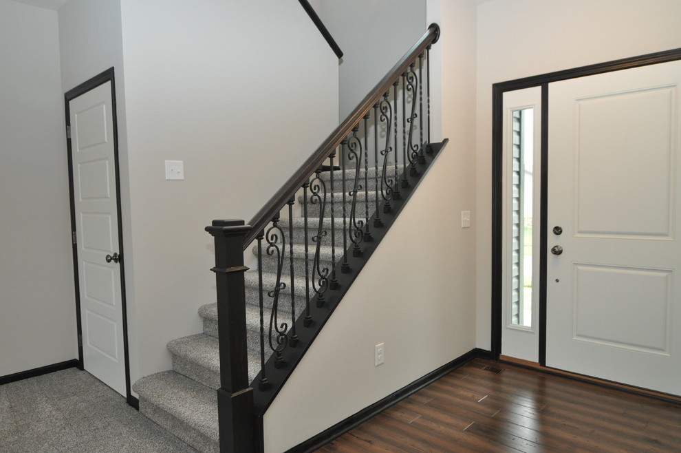 Mid-sized transitional dark wood floor front door photo with white walls and a white front door