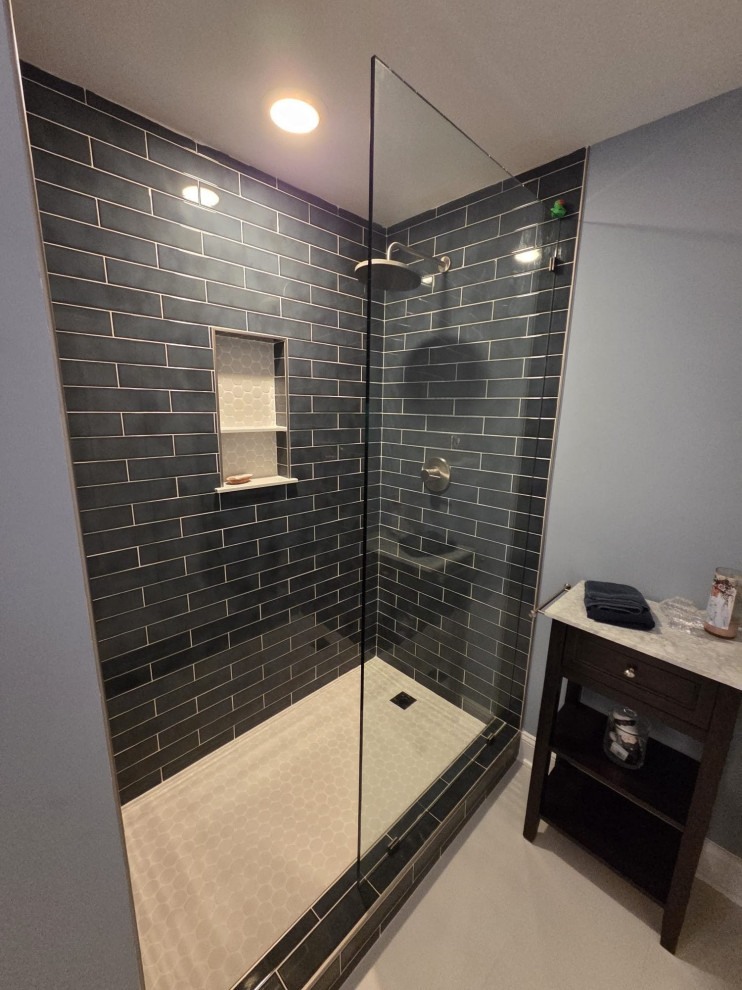 Frameless Glass Walk-In Shower with Blue Subway Tile – Charlotte NC