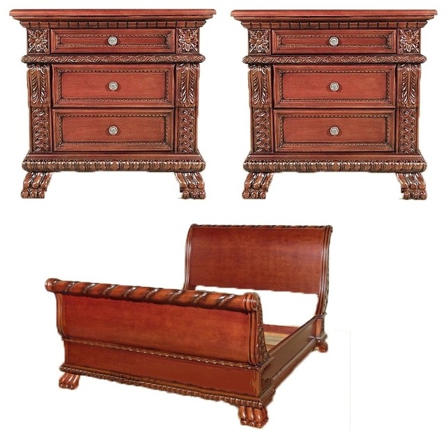 3 Piece Queen Solid Wood Cherry Sleigh Bed Set With 2 Nightstands 3 Piece Queen Solid Wood Cherry Sleigh Bed Set With 2 Nightstands Traditional Bedroom Furniture Sets By Mbw