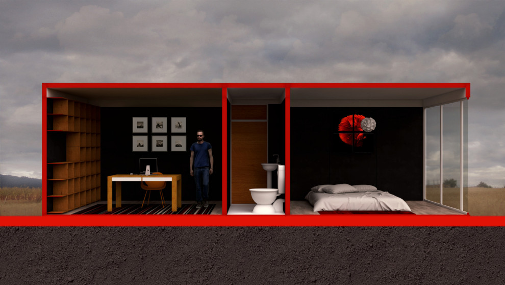 Aménagement d'une petite chambre parentale grise et noire contemporaine avec un mur noir, un sol en carrelage de céramique, aucune cheminée, un sol beige et un mur en parement de brique.