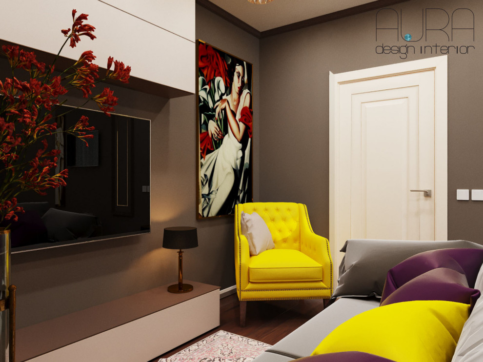 Дизайн квартиры, спальня гостиная в темных тонах