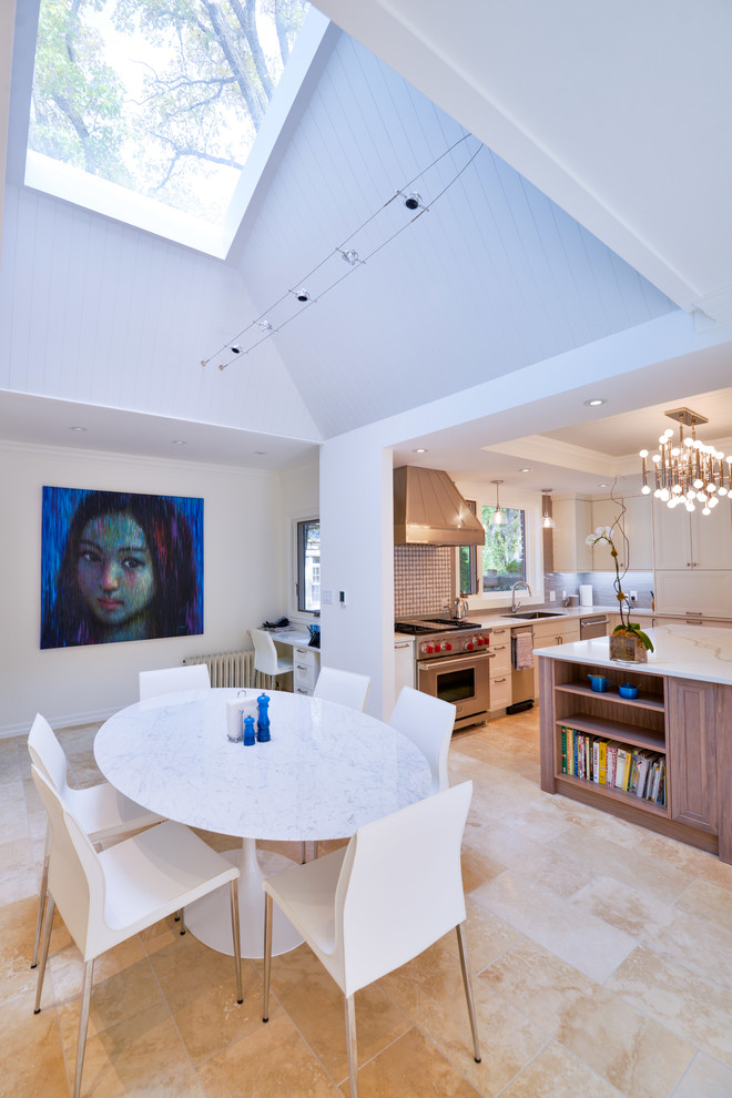Inspiration for a transitional open plan dining in Other with white walls, travertine floors and beige floor.
