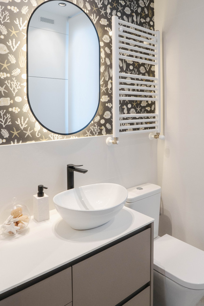 This is an example of a scandinavian 3/4 bathroom in Other with white cabinets, a curbless shower, white tile, ceramic floors, a vessel sink, white benchtops and a single vanity.