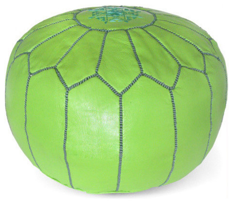 Moroccan Leather Stuffed Pouf, Lime Green