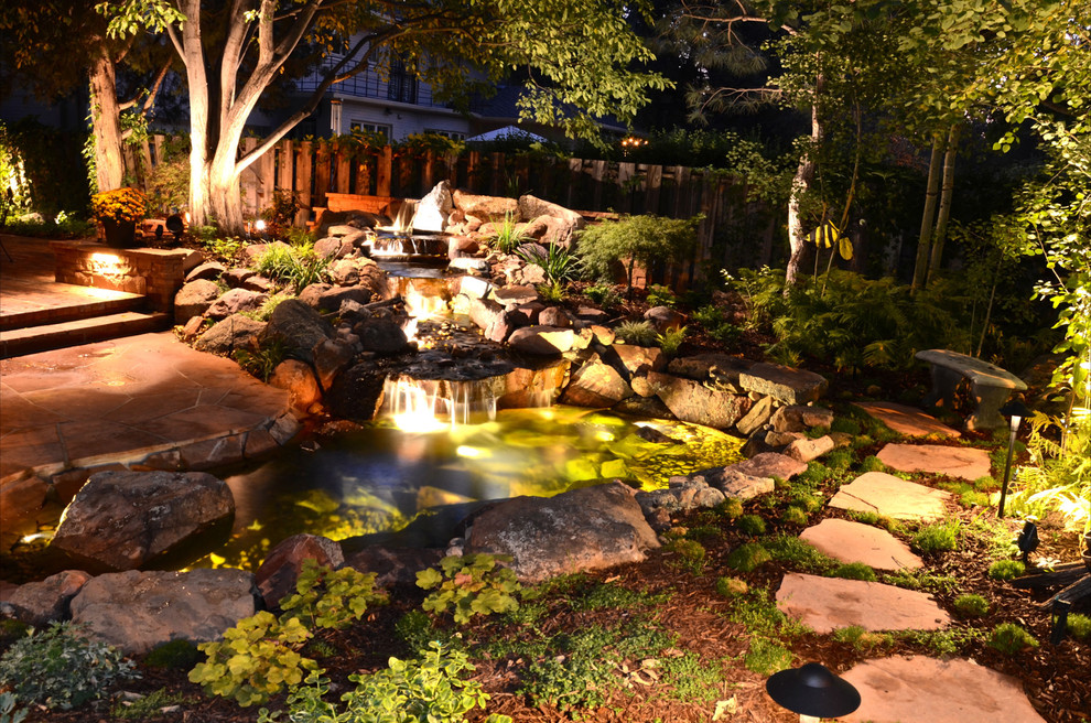 Inspiration for a traditional backyard garden in Denver with a water feature.