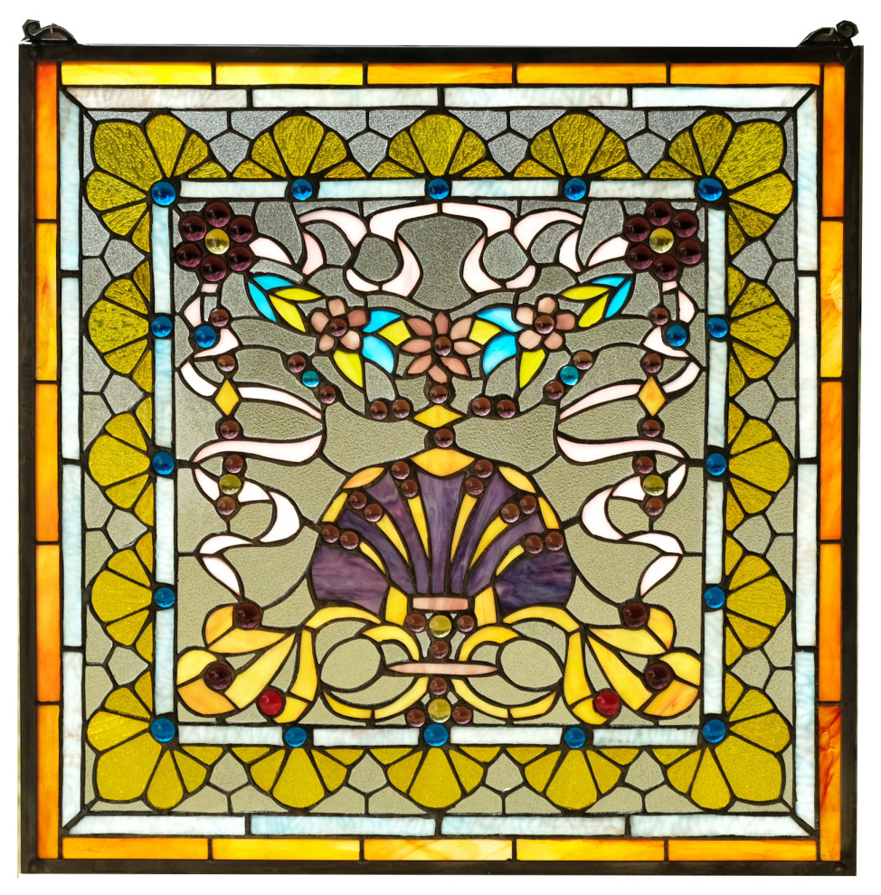 24" SPARKLING JEWELED STAINED GLASS WINDOW PANEL W/ FLARE MISSION COLLECTION 