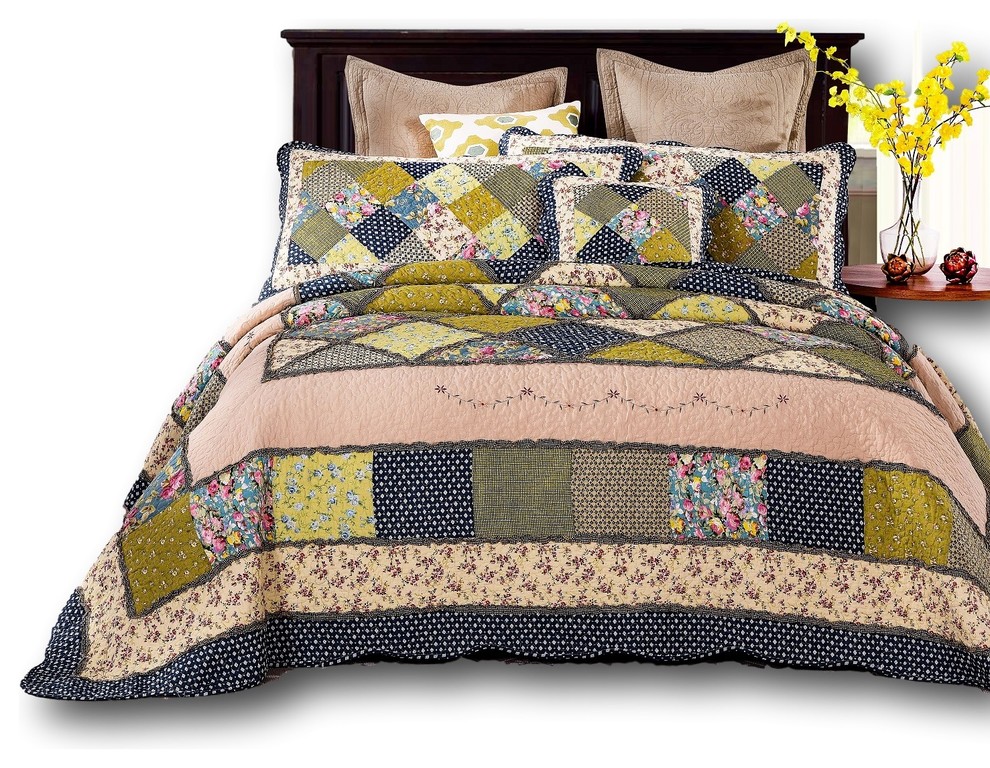 Tache 100 Cotton Spring Shower Patchwork Quilt Set, Single/Twin Contemporary Quilts And