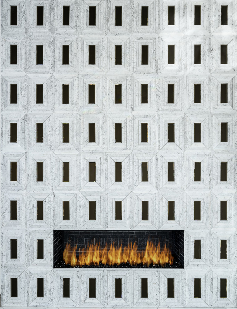 Foto de comedor moderno grande cerrado con paredes blancas, suelo de mármol, todas las chimeneas, marco de chimenea de baldosas y/o azulejos, suelo gris y bandeja
