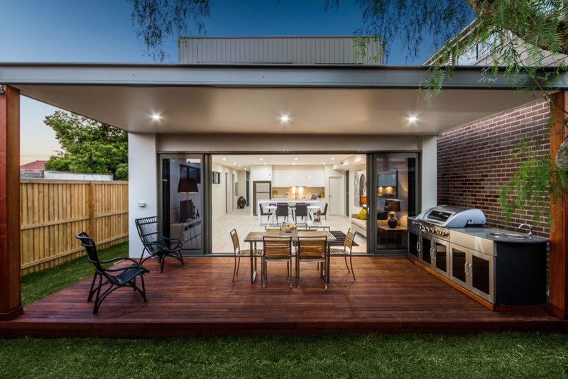 Inspiration for a small contemporary backyard deck in Sydney with an outdoor kitchen and a pergola.