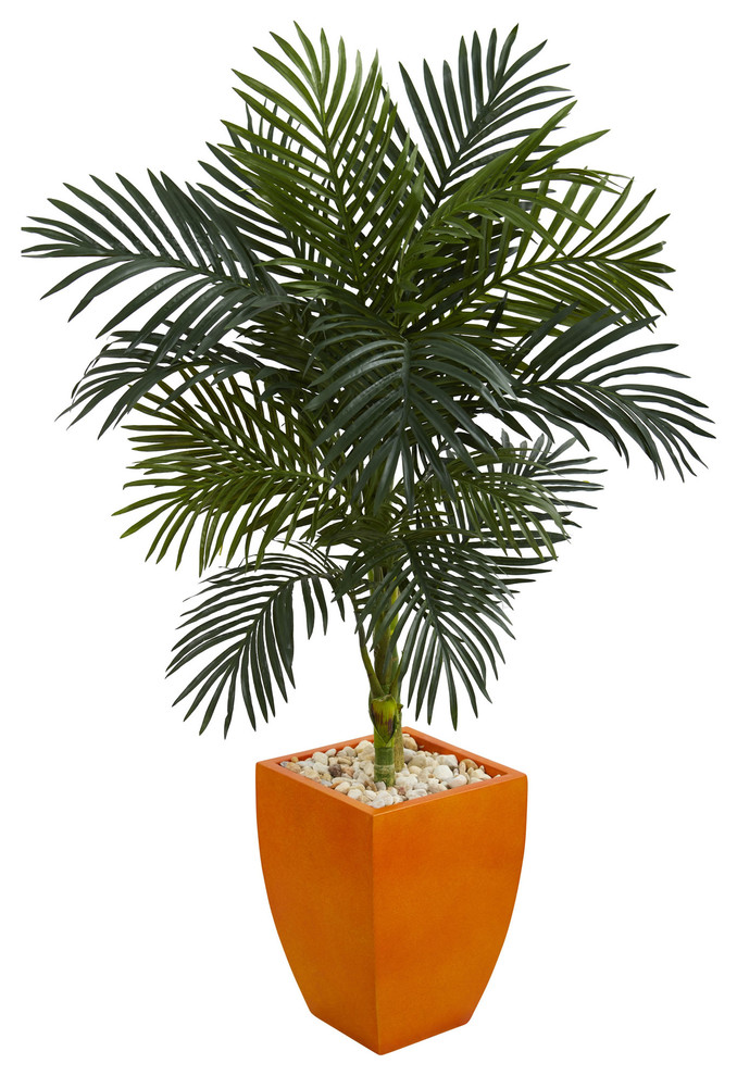 4 5 Ft Golden Cane Palm Artificial Tree In Orange Planter