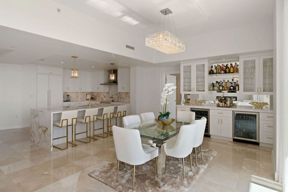 Mid-sized contemporary l-shaped home bar in Tampa with an undermount sink, recessed-panel cabinets, white cabinets, quartz benchtops, multi-coloured splashback, stone slab splashback, porcelain floors, beige floor and multi-coloured benchtop.