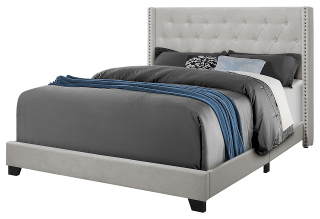 Bed Queen Size Gray Linen With Chrome, Light Gray Velvet Headboard Queen
