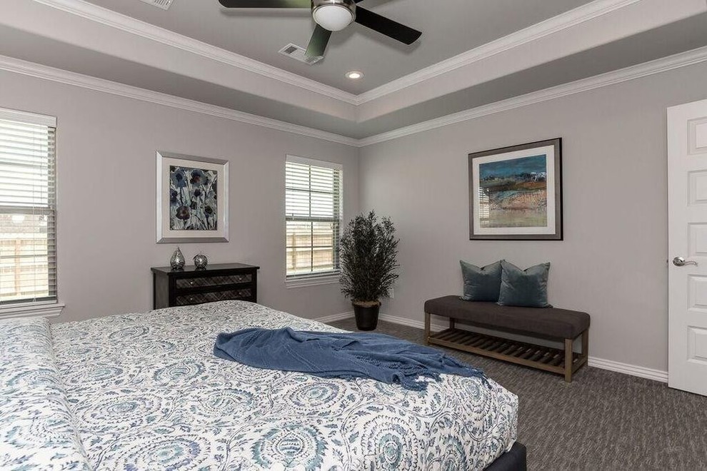 Design ideas for a mid-sized contemporary master bedroom in Other with grey walls, carpet and grey floor.