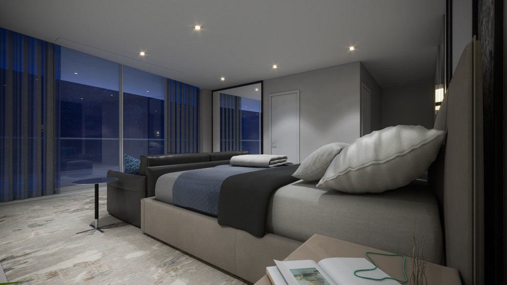Large contemporary master bedroom in Miami with grey walls, porcelain floors and grey floor.
