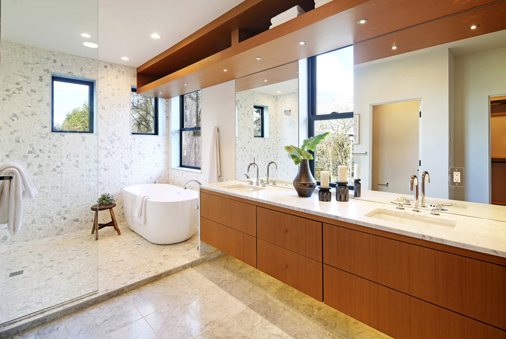 Photo of a mid-sized scandinavian master wet room bathroom in Seattle with flat-panel cabinets, brown cabinets, a one-piece toilet, multi-coloured tile, white walls, a drop-in sink, multi-coloured floor, white benchtops, a single vanity and a floating vanity.