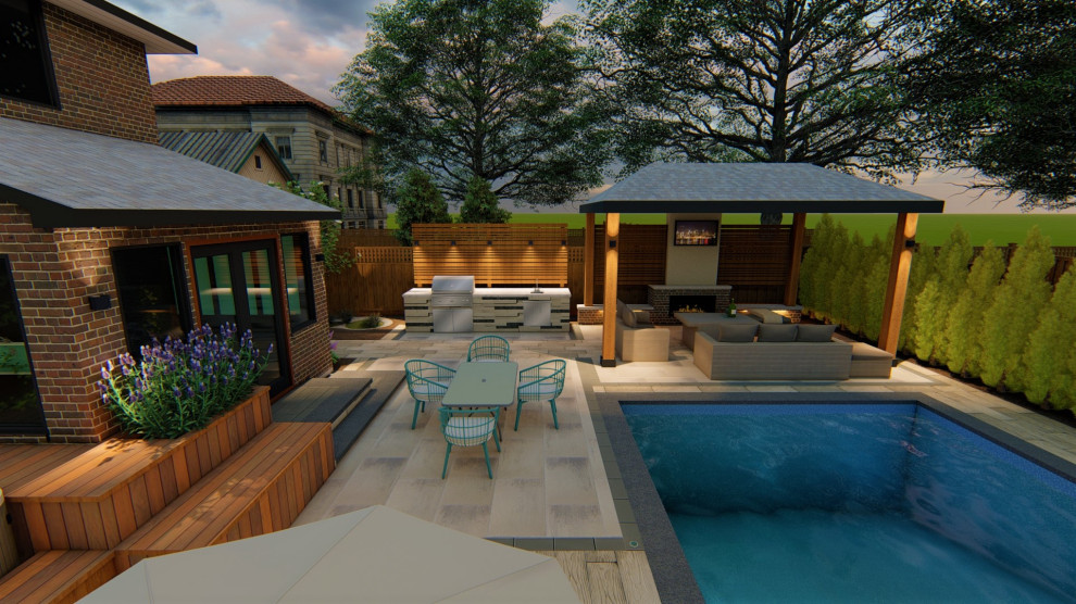 Ispirazione per una piscina contemporanea rettangolare di medie dimensioni e dietro casa con paesaggistica bordo piscina e pavimentazioni in cemento