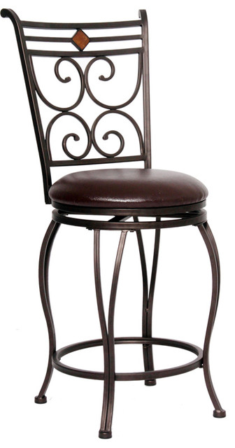 24" Brown Metal Counter Height Stool with Brown Leather Swivel Seat