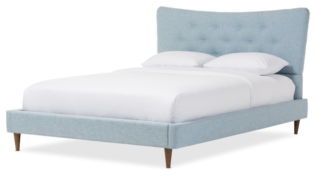 Hannah Mid-Century Modern Linen Platform Bed, Light Blue, Queen