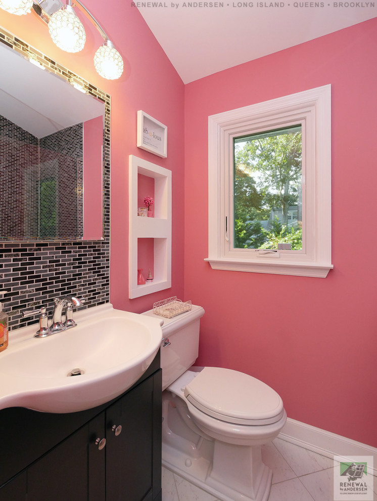 Inspiration for a mid-sized bathroom in New York with flat-panel cabinets, dark wood cabinets, an alcove tub, a double shower, a two-piece toilet, gray tile, glass tile, pink walls, ceramic floors, an integrated sink, white floor, a hinged shower door, a single vanity, a built-in vanity and vaulted.