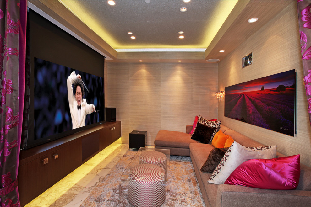 Inspiration for a small modern enclosed home theatre in Orange County with marble floors and a projector screen.