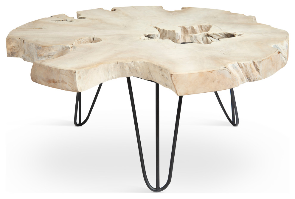 Bleached Slice Coffee Table, Iron Legs Industrial Coffee Tables
