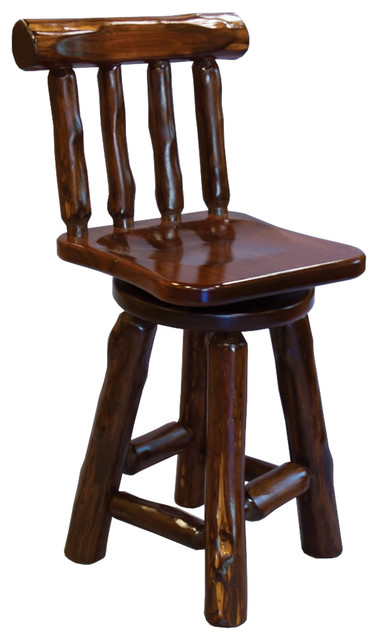 Rustic Stained Red Cedar Log Swivel Bar Stool With Back Height Rustic Stained Red Cedar Log Swivel Bar Stool With Back Height