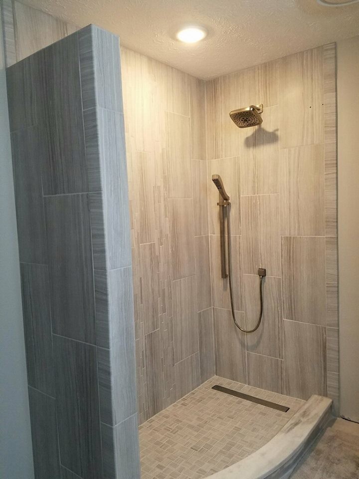 Inspiration for a mid-sized transitional 3/4 brown tile and porcelain tile alcove shower remodel with white walls