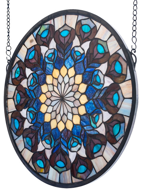 17W X 17H Tiffany Peacock Feather Medallion Stained Glass Window