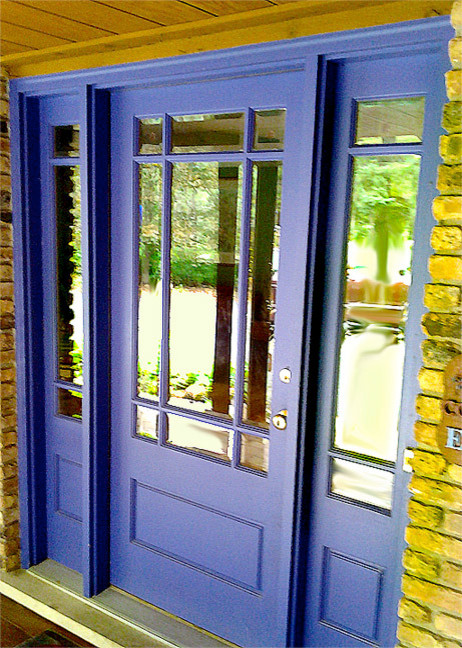 Example of a mid-sized transitional front door design in Chicago with a purple front door