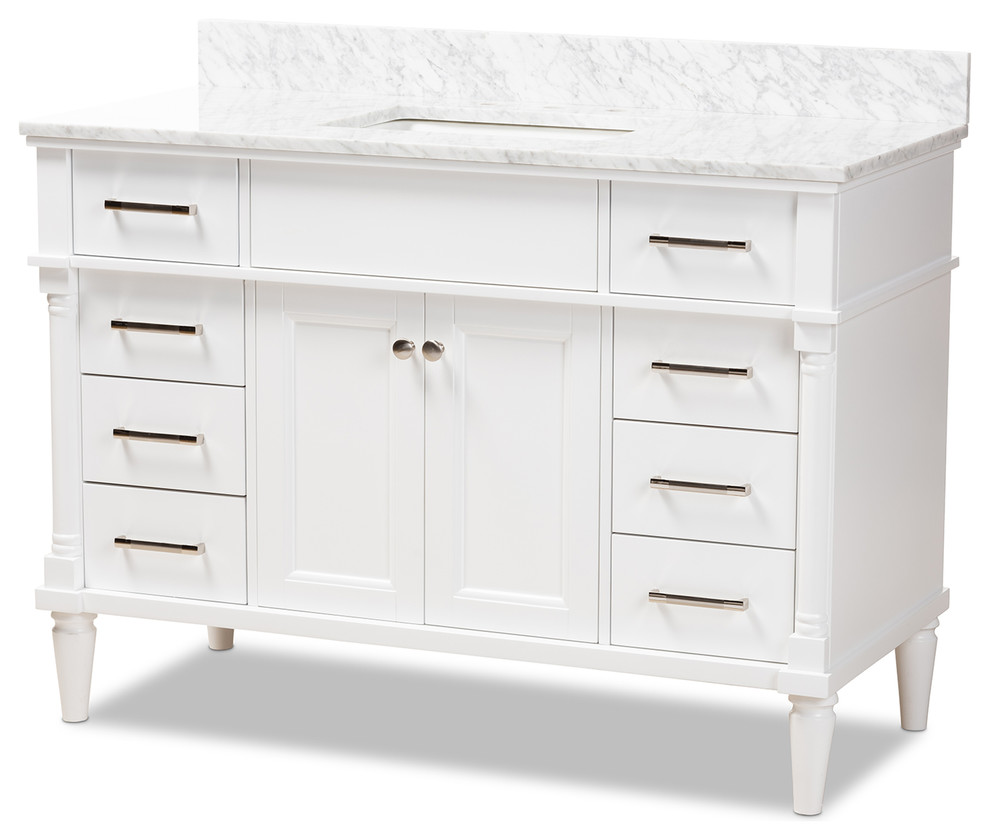 Monte 48Inch White finished Wood and Marble Single Sink Bathroom Vanity Traditional