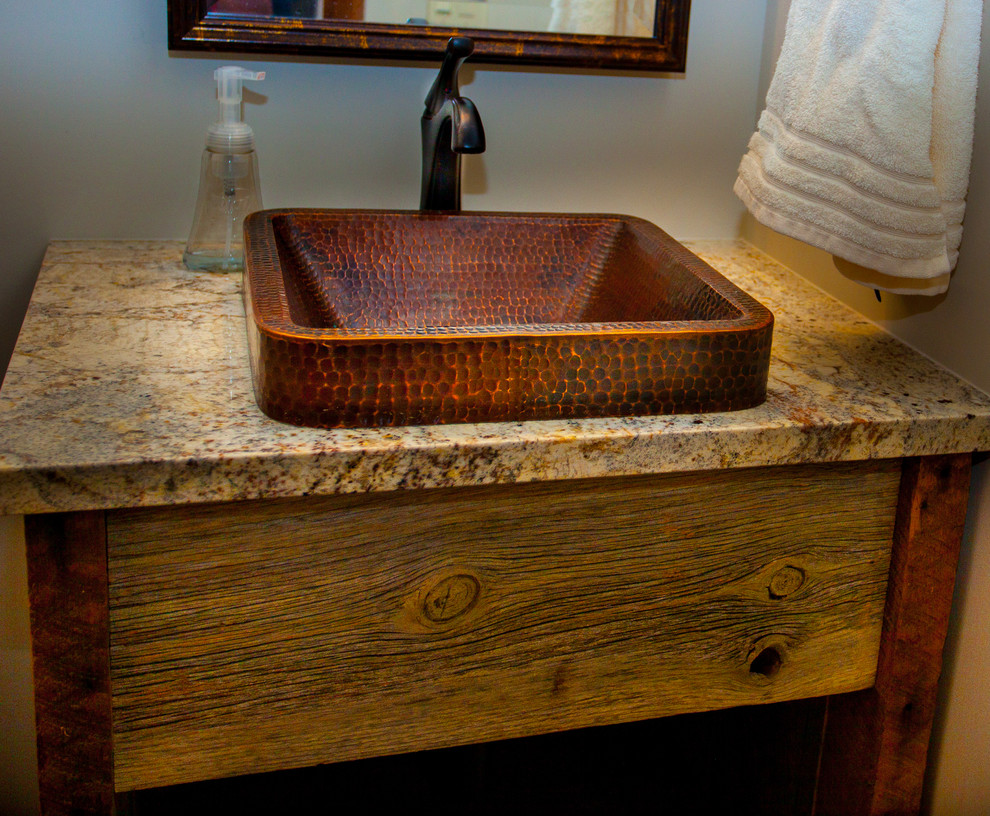 Inspiration for a small country 3/4 bathroom in Denver with open cabinets, medium wood cabinets, white walls, a vessel sink, granite benchtops and multi-coloured benchtops.