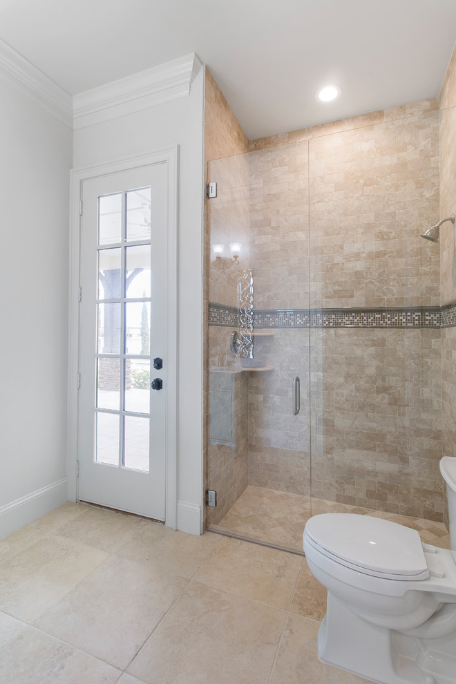 Design ideas for an expansive kids bathroom in Jacksonville with raised-panel cabinets, white cabinets, a two-piece toilet, beige tile, stone tile, grey walls, porcelain floors, granite benchtops, beige floor, an open shower and white benchtops.