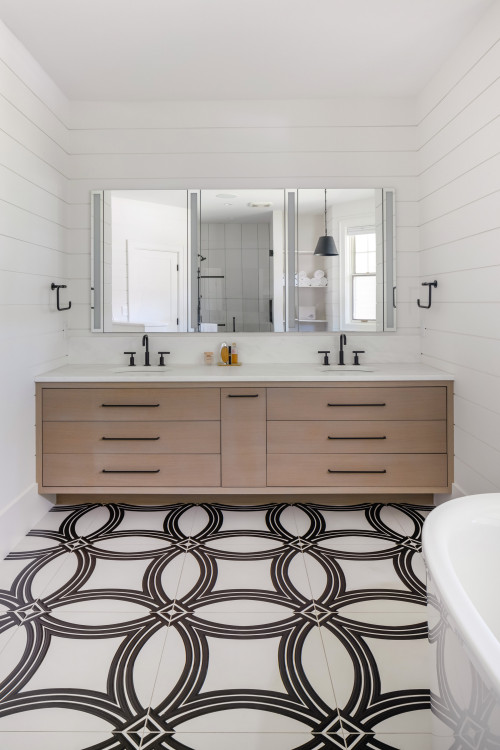 Modern Farmhouse Bathroom Ideas With Striking Black and White Floor Tiles