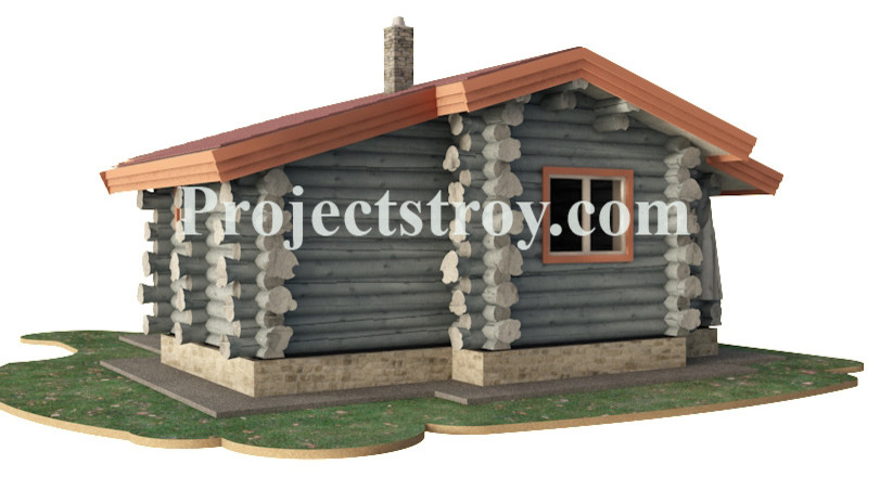 Log cabin of large diameter logs.