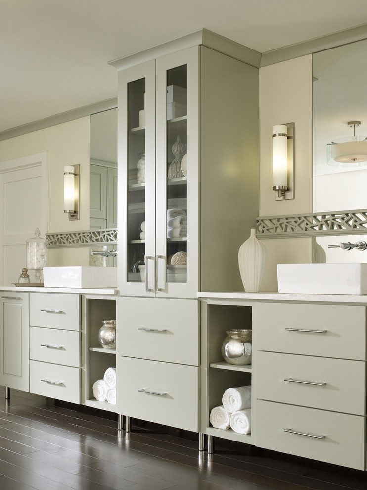 Inspiration for a small transitional master dark wood floor bathroom remodel with flat-panel cabinets, beige cabinets, beige walls, a trough sink and soapstone countertops