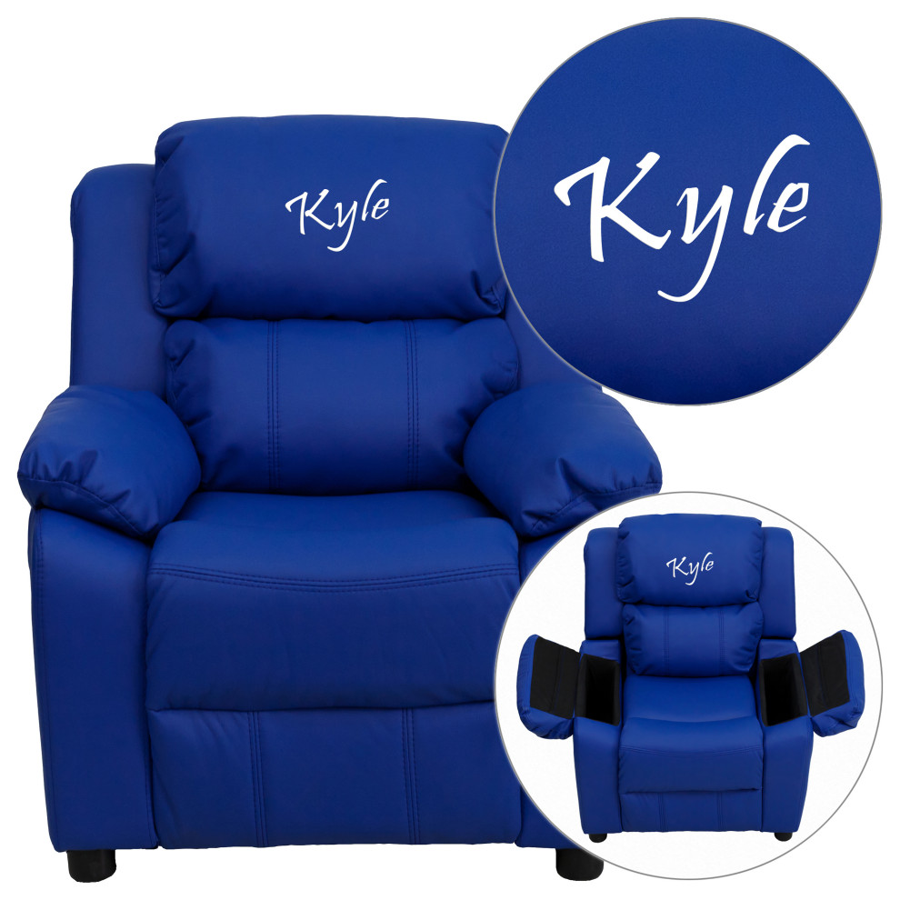 Personalized Deluxe Padded Blue Vinyl Kids Recliner with Storage Arms