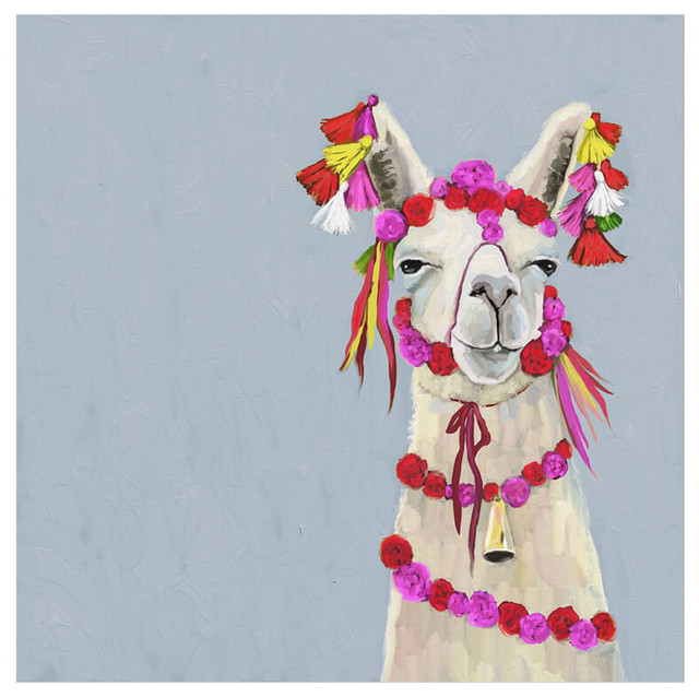 "Llama With Poms - Soft Blue" Canvas Wall Art by Cathy Walters