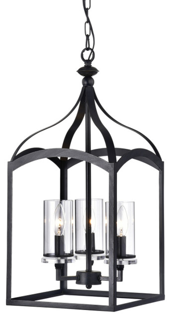 3 Light Antique Black Lantern Pendant Chandelier With Glass Shades