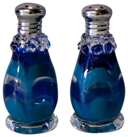 Feather Blue and Teak Salt and Pepper Shaker Set Contemporary Salt