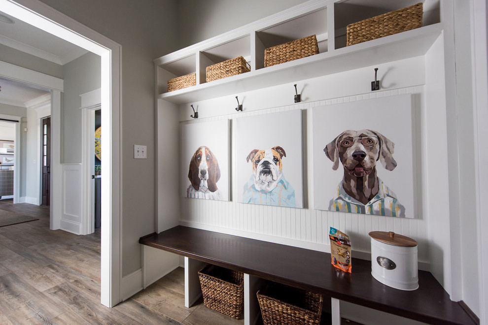 Mid-sized transitional dark wood floor and beige floor double front door photo in Indianapolis with beige walls and a medium wood front door