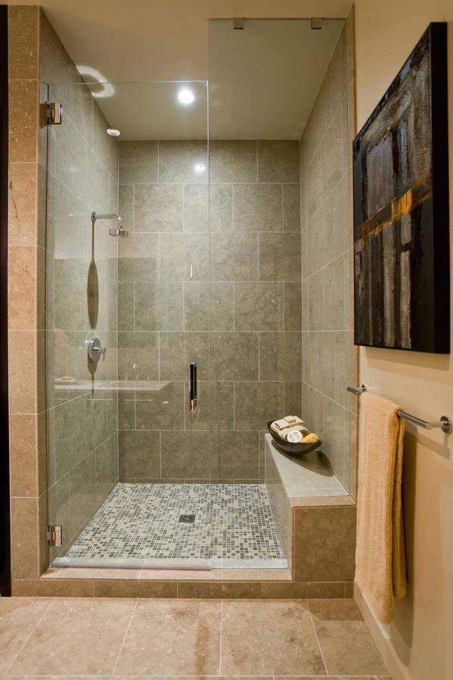 Contemporary bathroom in Portland with mosaic tile.