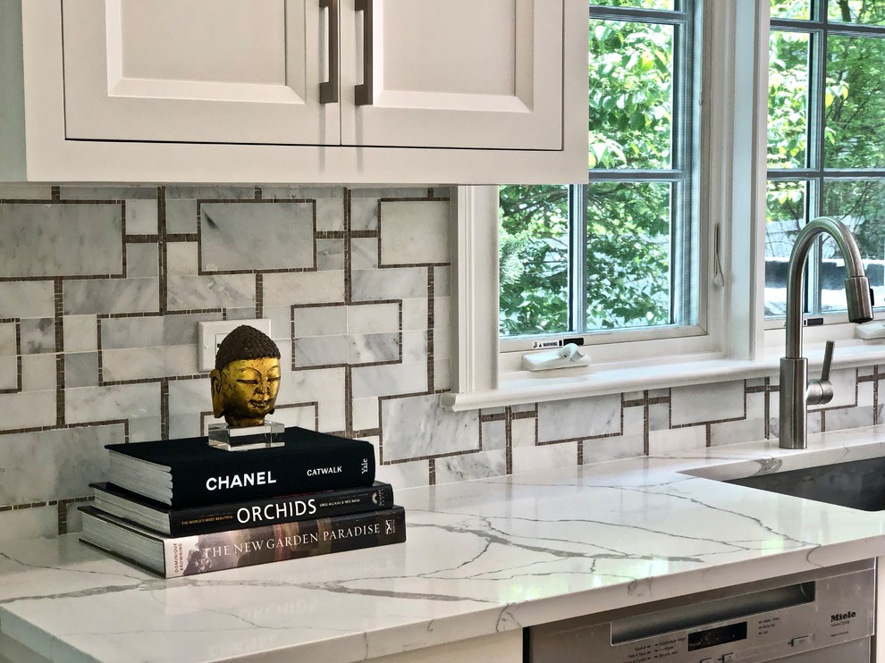 Eat-in kitchen - large transitional eat-in kitchen idea in New York with beaded inset cabinets, gray cabinets, quartz countertops and an island