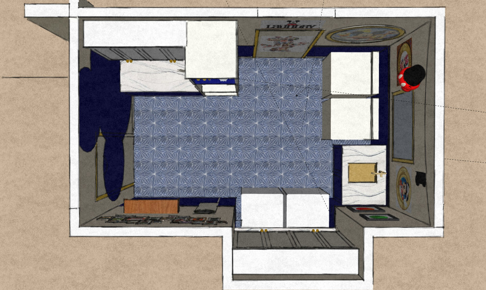 Esempio di una piccola sala lavanderia bohémian con lavello a vasca singola, pareti blu, pavimento in gres porcellanato e soffitto in carta da parati