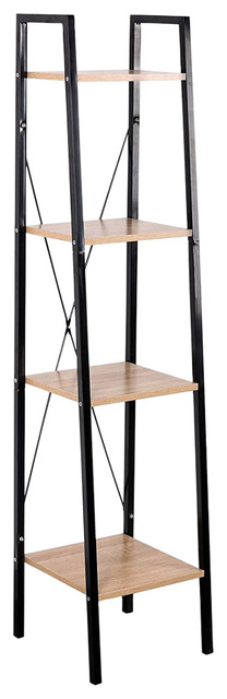 Corner Bookcase With Black Finished Metal Frame and Oak Shelves, Modern Design
