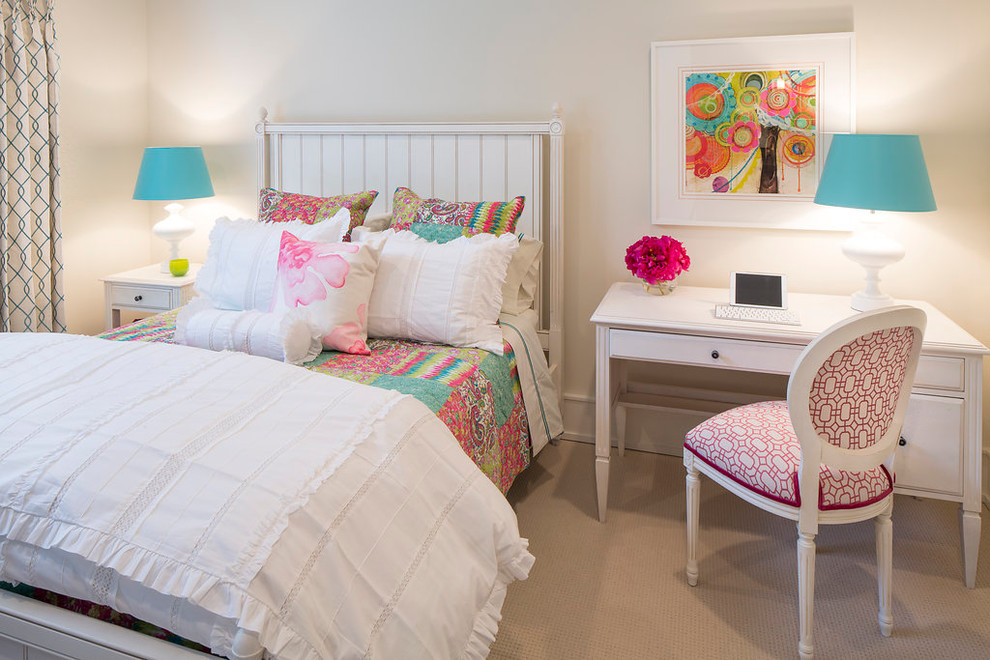 Photo of a mid-sized modern kids' room for girls in Phoenix with white walls and carpet.