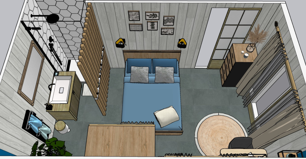 Cette image montre une chambre d'amis blanche et bois chalet de taille moyenne avec un mur blanc, aucune cheminée, un sol gris et du lambris de bois.