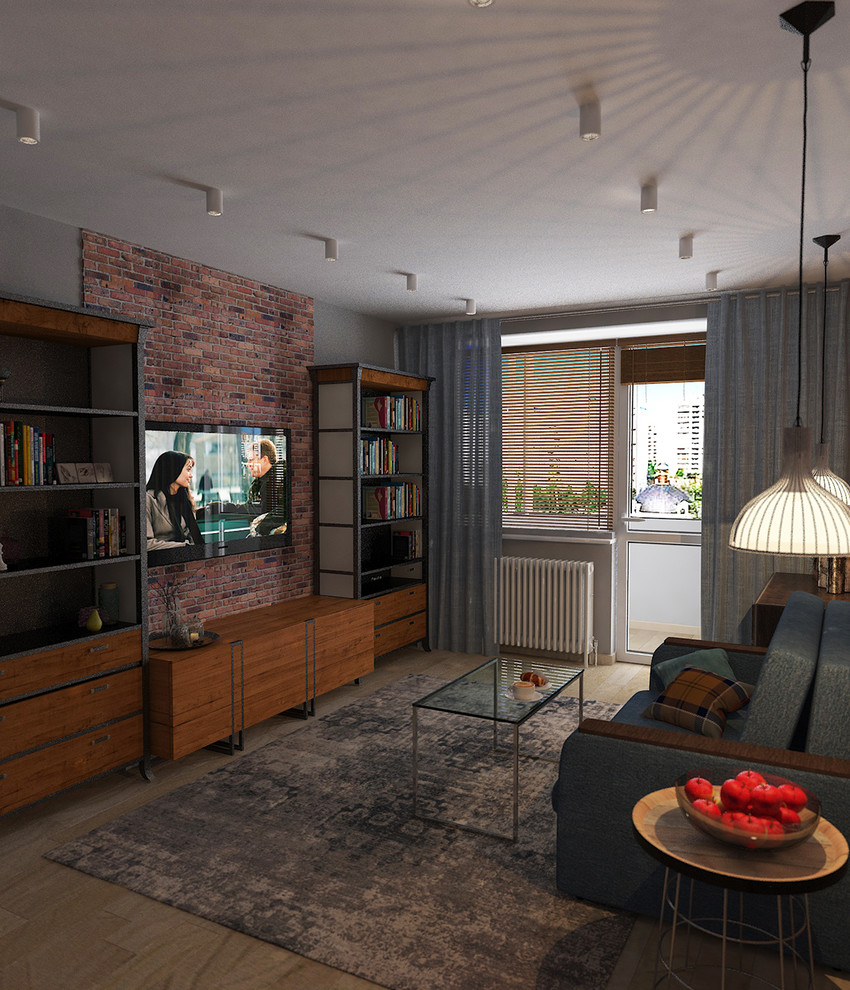 Гостиная в однокомнатной квартире в силе ЛОФТ