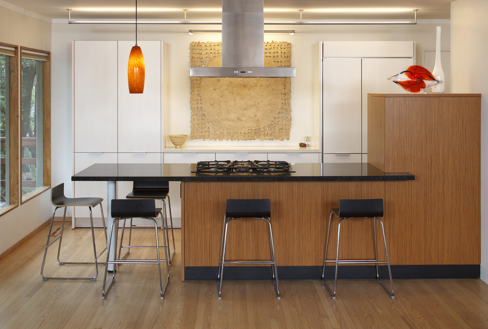 This is an example of a modern galley separate kitchen in San Francisco with flat-panel cabinets and no island.