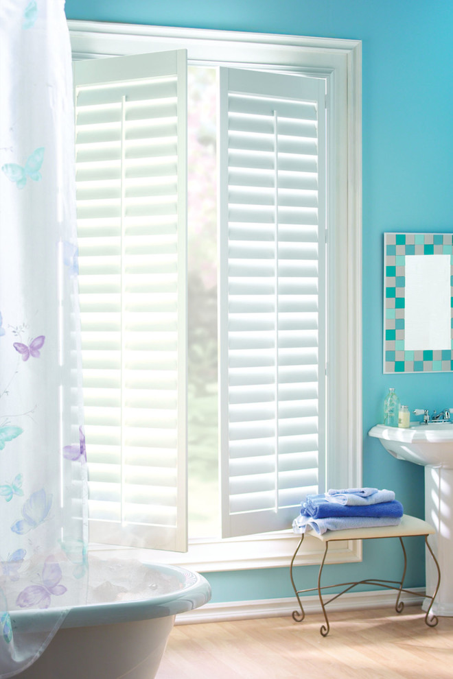 Transitional White Bathroom Custom Window Shutters by Hunter Douglas