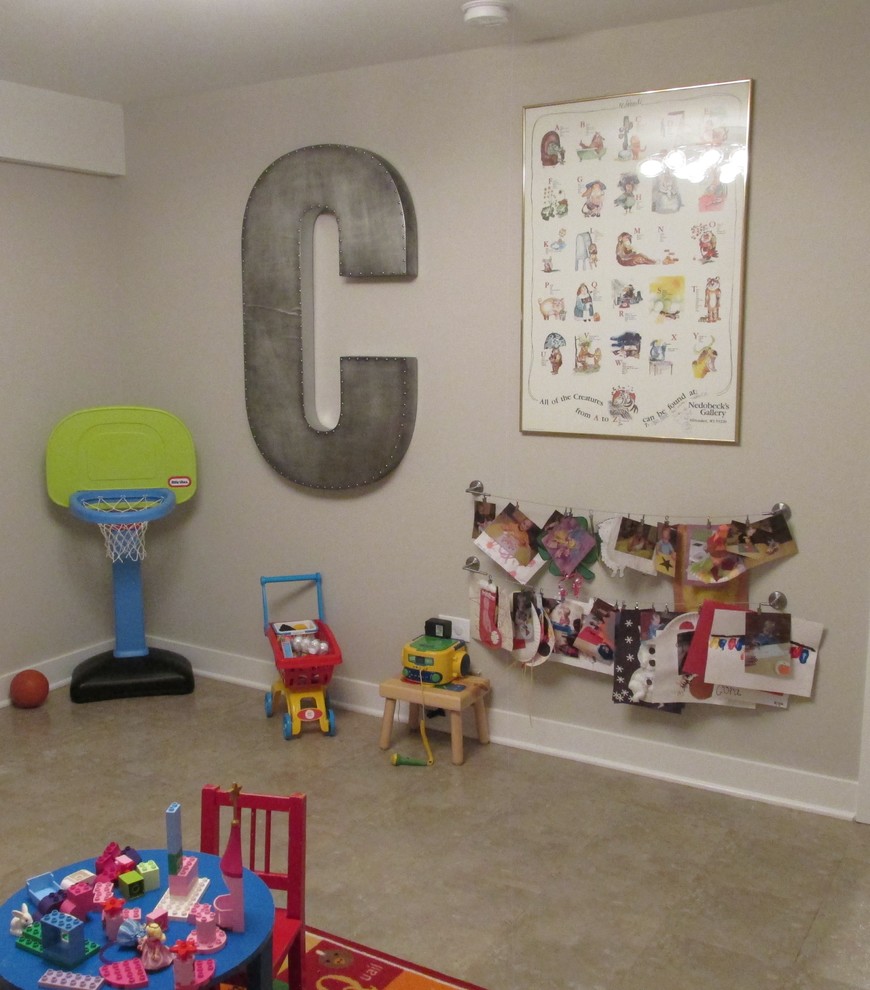 Large contemporary gender-neutral kids' room in Chicago with grey walls.